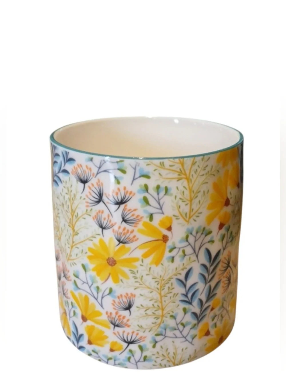 Floral Ceramic Coffee Mug with Teal Handle - Yellow Flower Pattern